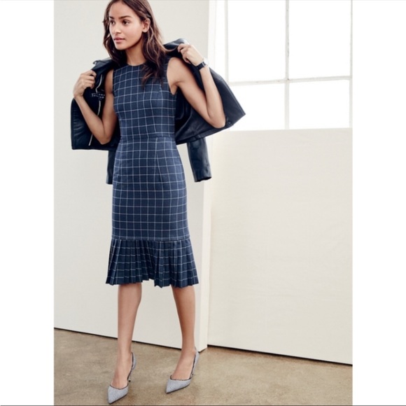 J. Crew Dresses Jcrew Navy Blue White Windowpane Plaid Pleated Wool